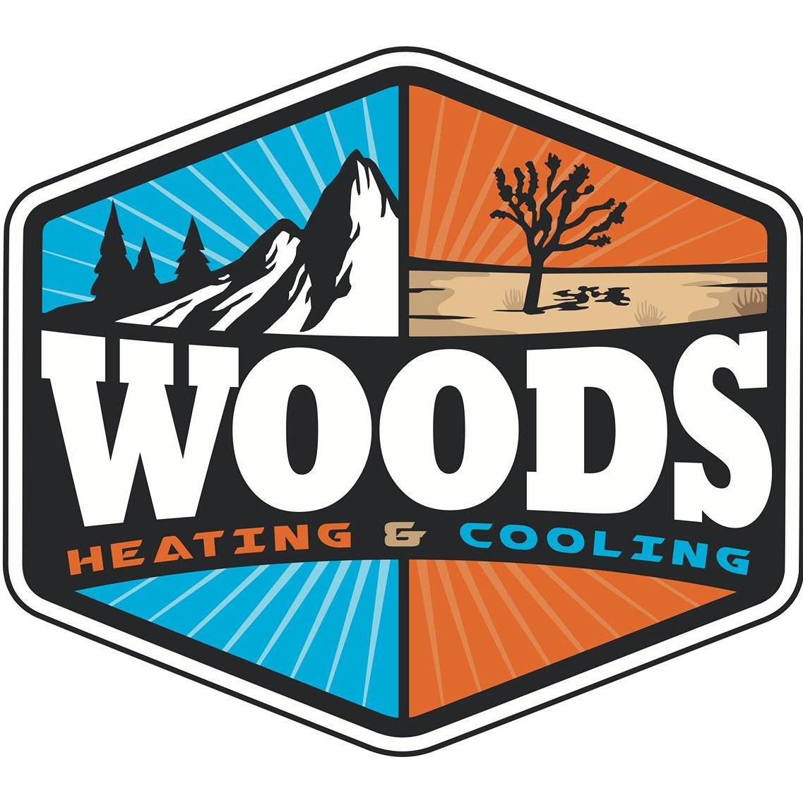 Woods Heating and Cooling Logo with Orange showing heat, mountain ranges showing cold.