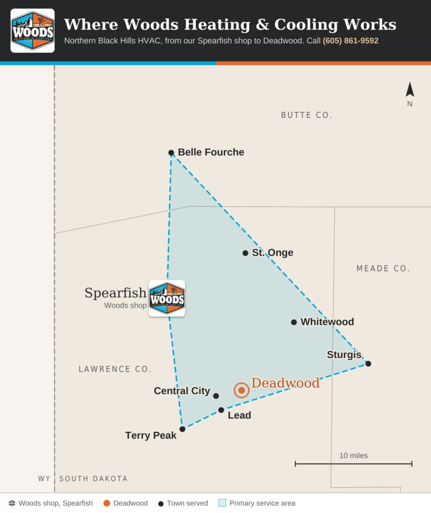 Map of Woods Heating & Cooling’s service area in the northern Black Hills, from its Spearfish shop to Deadwood, Lead, Central City, Terry Peak, Whitewood, St. Onge, Belle Fourche and Sturgis.